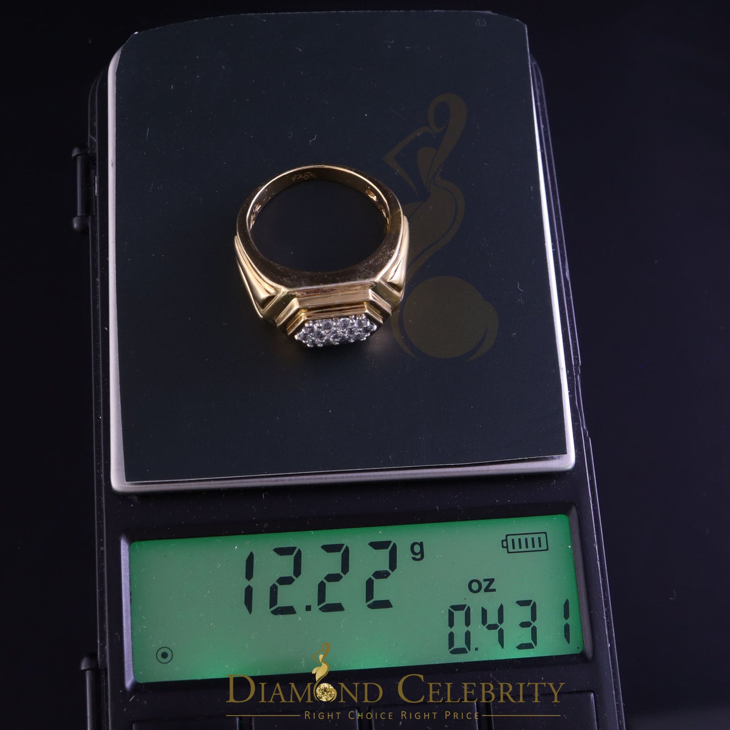 DiamondCelebritees 925 Sterling Yellow Silver 0.39ct Cubic Zirconia Hexagon Men Ring Size 9