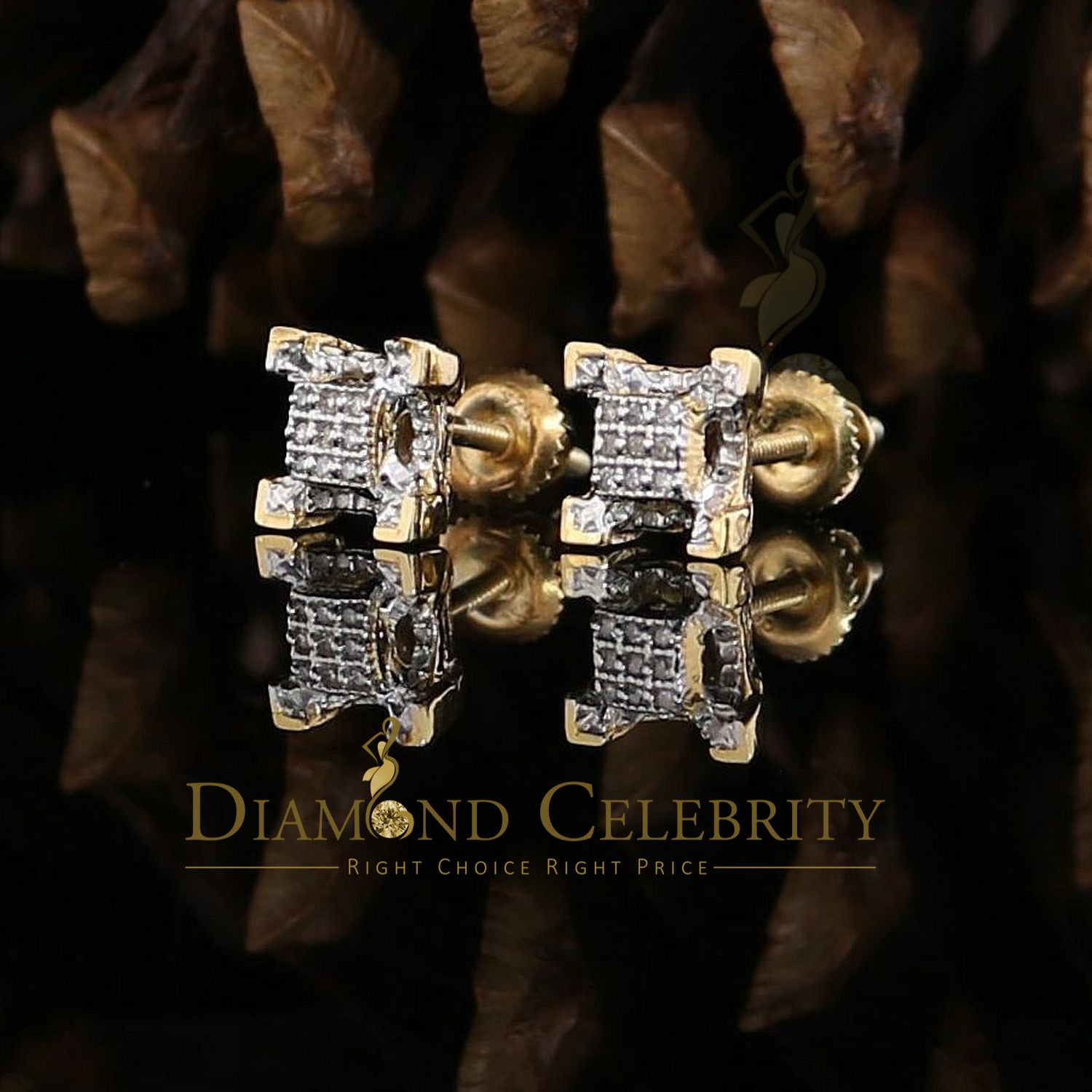 925 Sterling Silver Yellow Hip Hop 0.15ct Diamond Man & Women Square Earrings