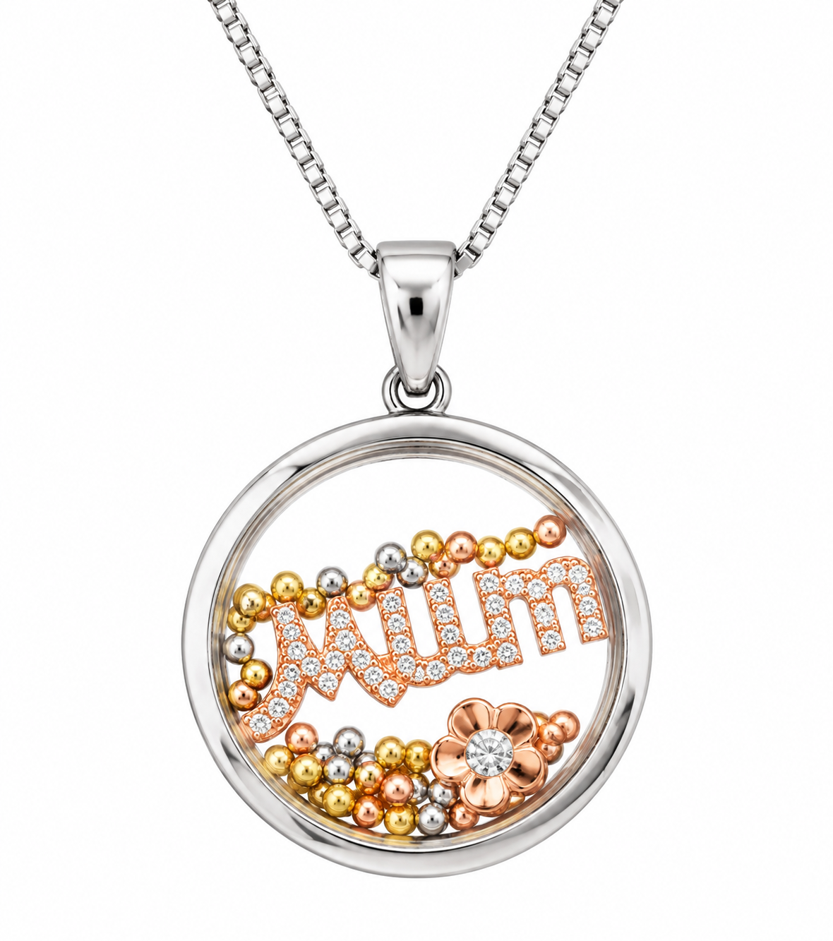 DiamondCelebritees 925 White Sterling Silver Mom Floating flower / beads Charm Glass CZ Pendant
