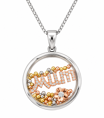 DiamondCelebritees 925 White Sterling Silver Mom Floating flower / beads Charm Glass CZ Pendant