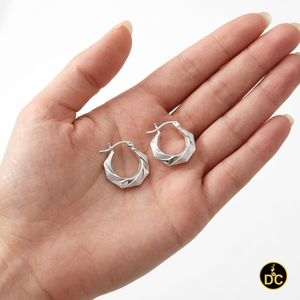 925 Silver Octagonal Shape W/Polished facets & textured dotted 16mm Hoop Earring