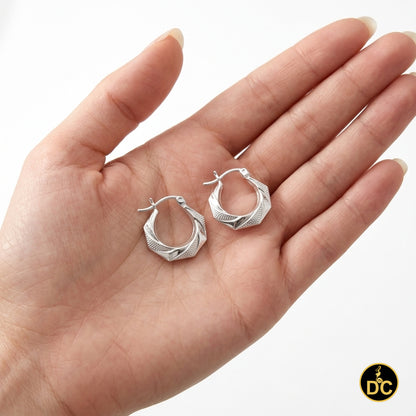 925 Silver Octagonal Shape W/Polished facets & textured dotted 16mm Hoop Earring