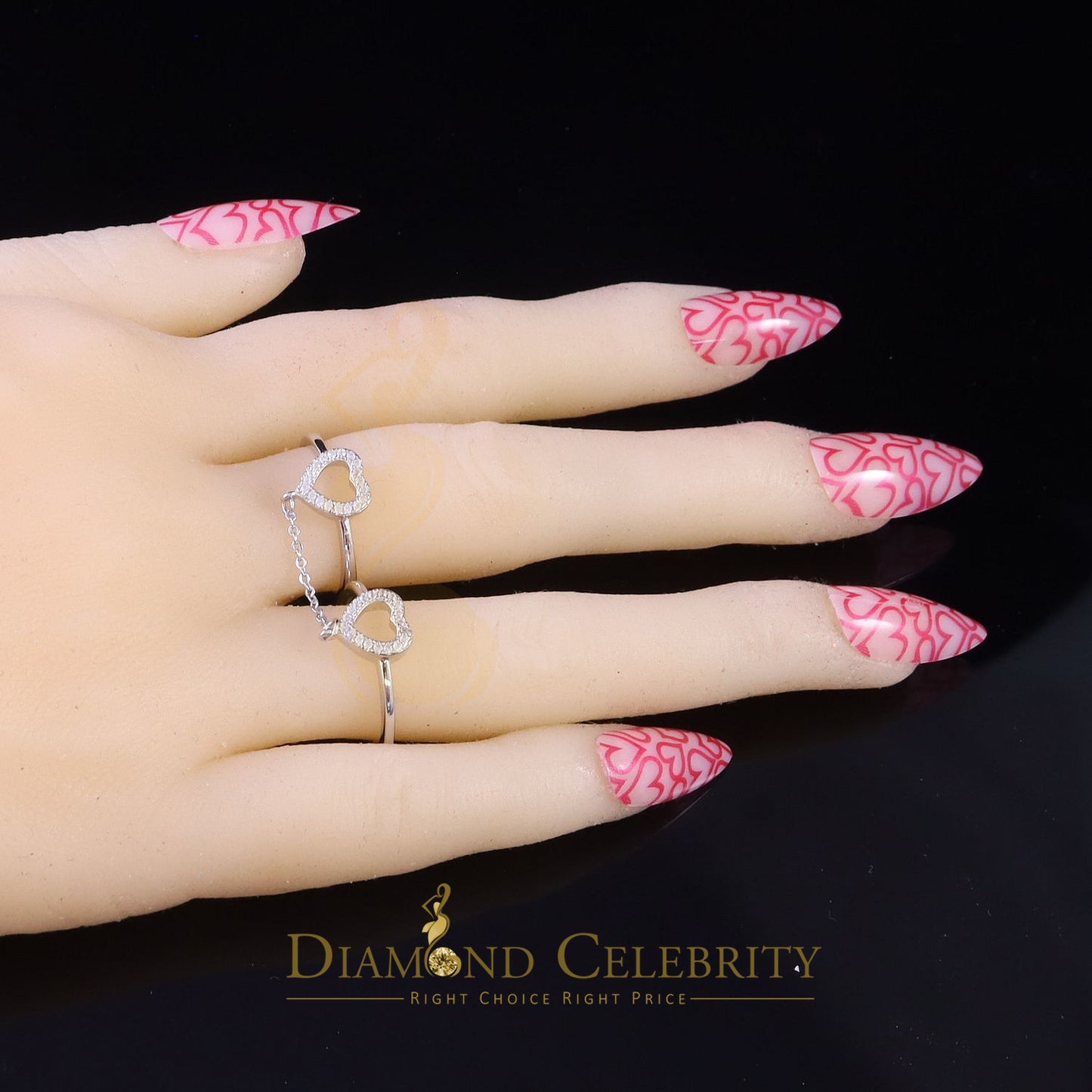 DiamondCelebritees Sterling White Silver 0.50ct Cubic Zirconia Heart Rings W/Connected Chain Size 6