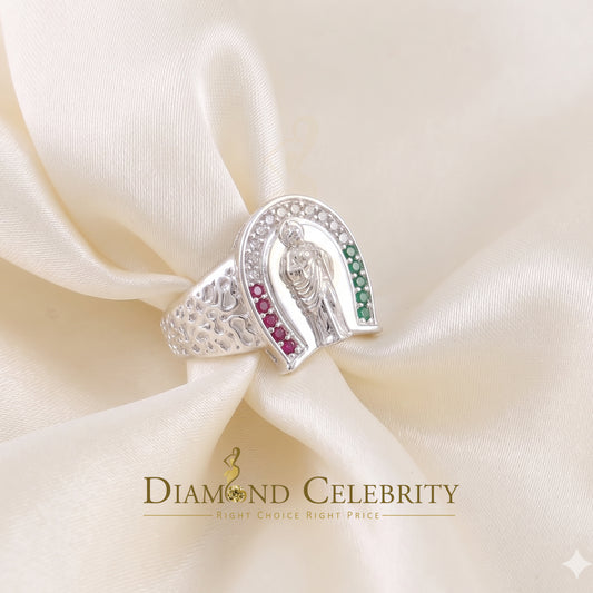 DiamondCelebritees White 925 Silver Saint Jude Thaddeus Pink & Green CZ Horse Shoe Women Ring SZ 6