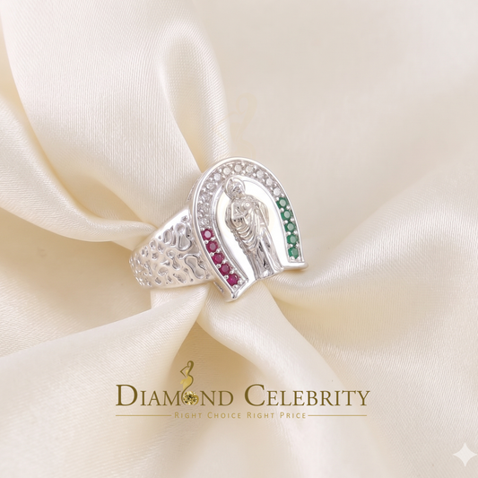 DiamondCelebritees White 925 Silver Saint Jude Thaddeus Pink & Green CZ Horse Shoe Women Ring SZ 6