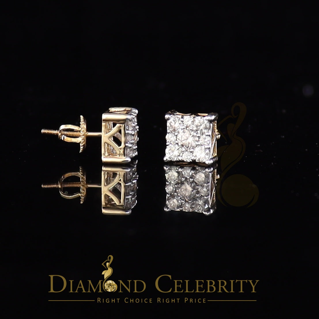 DiamondCelebritees 10K Real Yellow Gold with Real 1.50ct Diamonds Square Stud Earrings