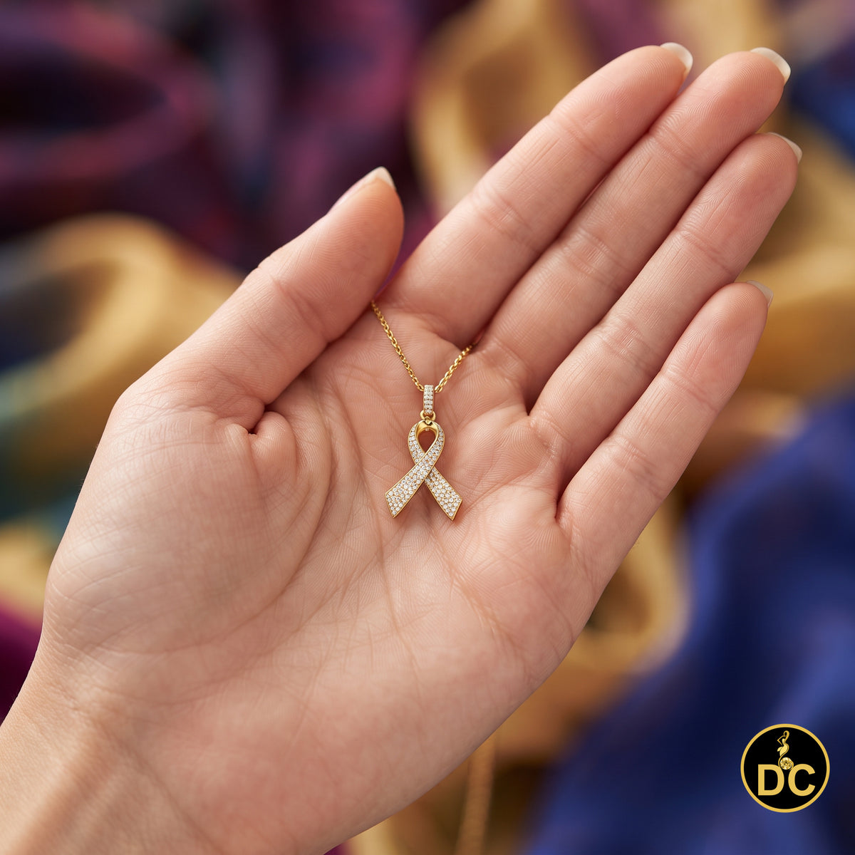 DiamondCelebritees 925 Silver Yellow Clear 0.50ct CZ Hope Ribbon Pendant for Breast Cancer Support