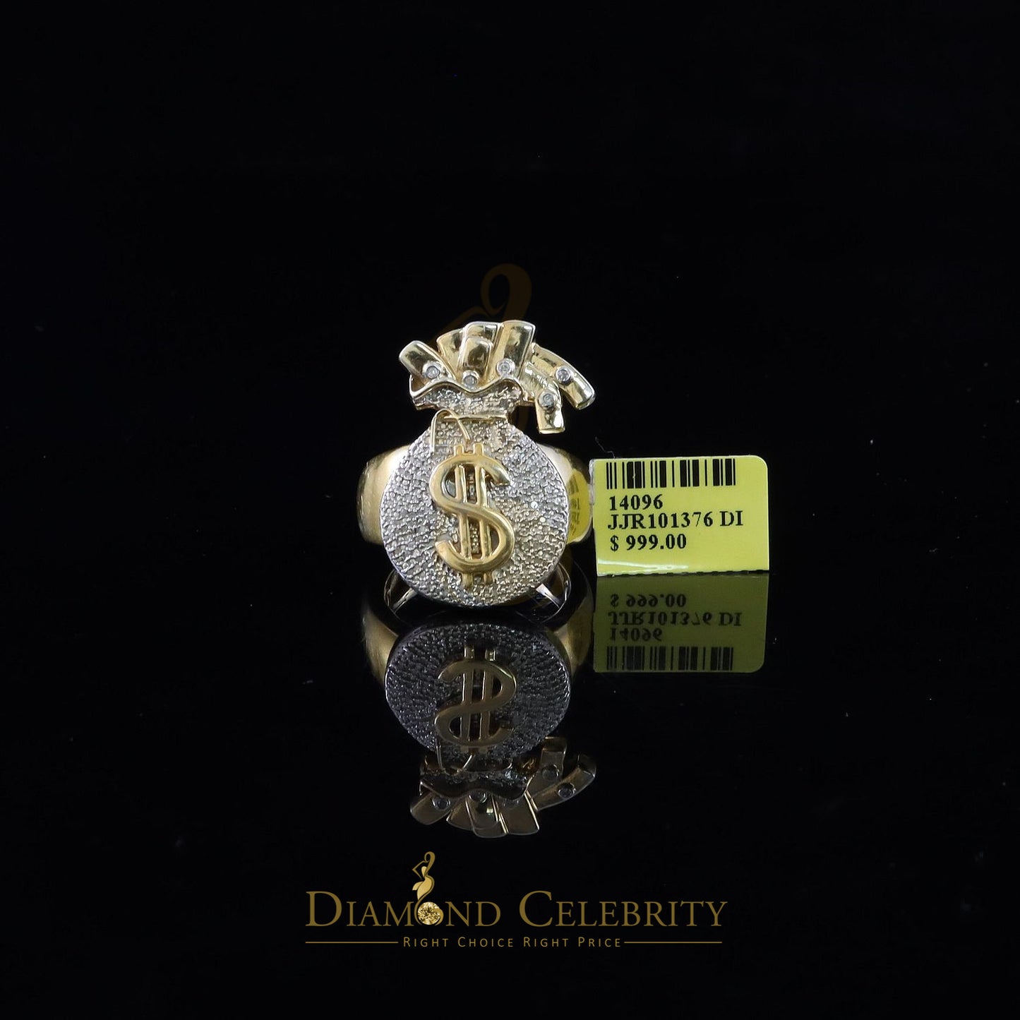 0.25 CT Real Diamond Money Bag 925 Sterling Silver Yellow Men's Ring Size 11.5