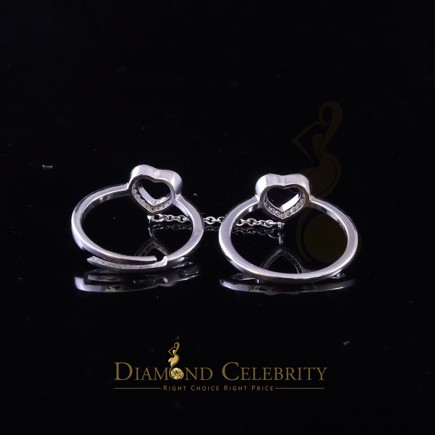 DiamondCelebritees Sterling White Silver 0.50ct Cubic Zirconia Heart Rings W/Connected Chain Size 6