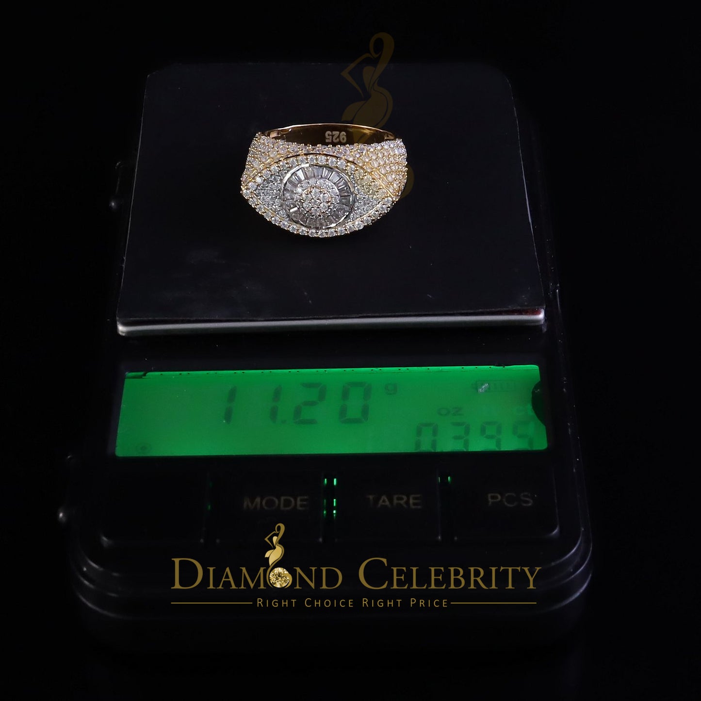 DiamondCelebritees 4.00ct VVS D 925 Silver Moissanite Baguette Men/Women Yellow Evil Eye Ring SZ10