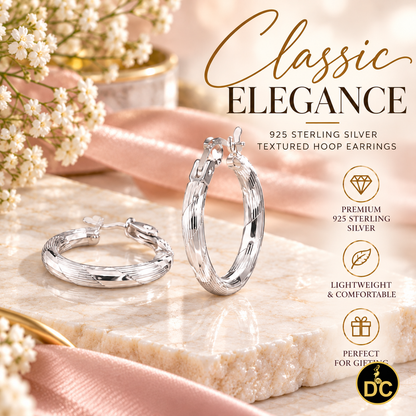 925 Sterling Silver Classic Round Diamond-cut Chevron Texture 14mm Hoop Earrings