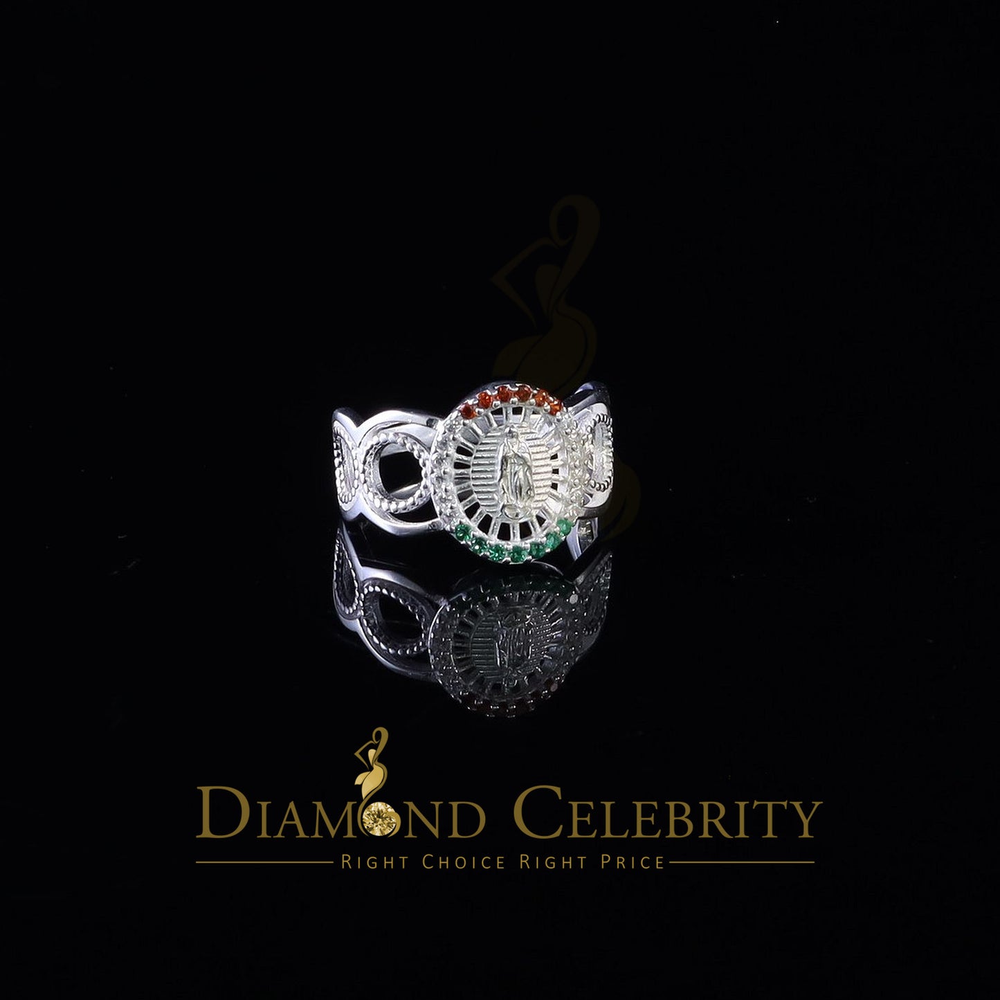 DiamondCelebritees 925 White Virgin Merry Red & Green Round Shape CZ Women's Religious Ring SZ 8