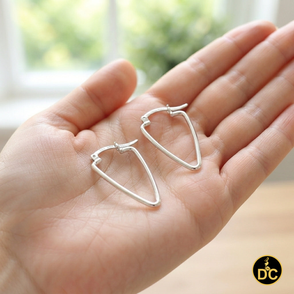 925 Sterling Silver Elongated Triangle long Shape High Polish 40mm Hoop Earrings