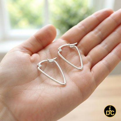 925 Sterling Silver Elongated Triangle long Shape High Polish 40mm Hoop Earrings