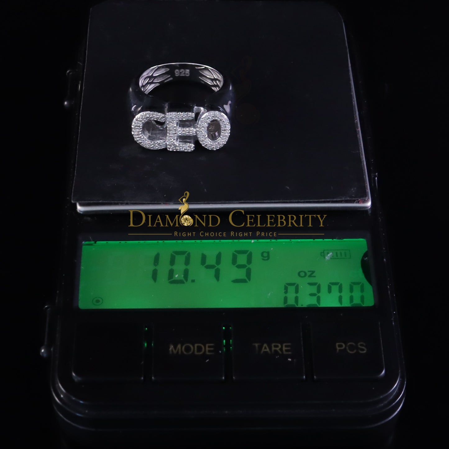 DiamondCelebritees Stylish 925 White Silver 0.40ct Real Micro Diamond Men's "CEO" word Ring SZ 8