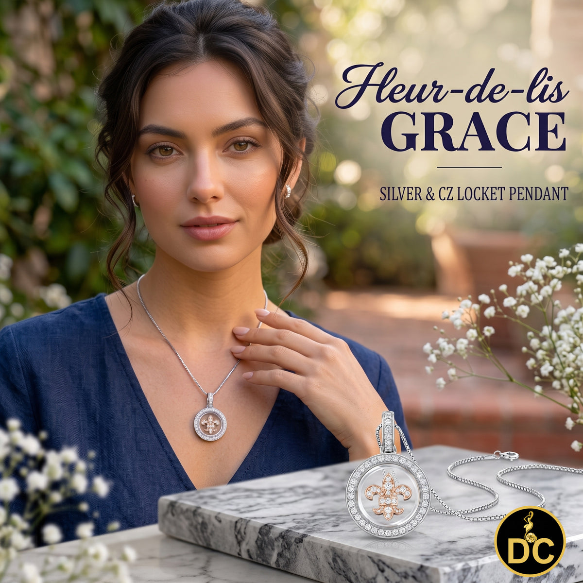 DiamondCelebritees 925 White Sterling Silver Small Fleur-de-Lis Floating Glass Cubic Zircon Pendat