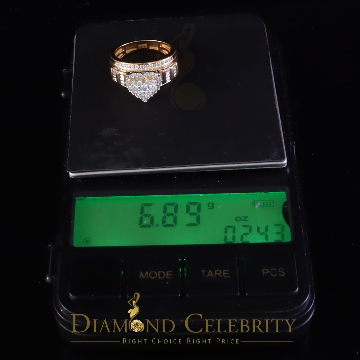 DiamondCelebritees New Women Heart Cindarella Ring 925 Yellow Silver1.20ct VVS D Clr.Moissanite SZ7