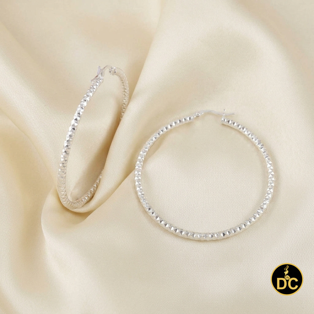 925 Sterling Silver Diamond-Cut Shimmering Honeycomb Textured 34mm Hoop Earrings