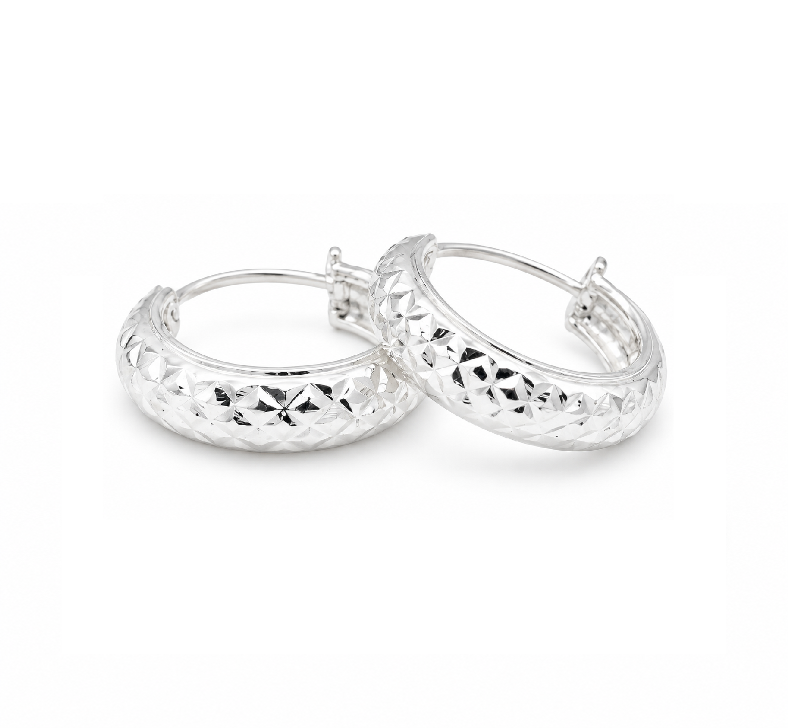 925 Sterling Silver Shiny Diamond-Cut Wide Reflective Textured 15mm Hoop Earring