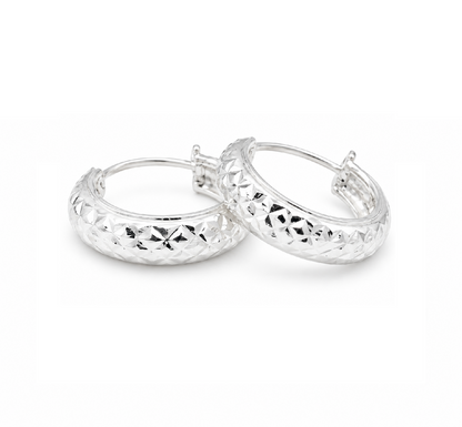 925 Sterling Silver Shiny Diamond-Cut Wide Reflective Textured 15mm Hoop Earring