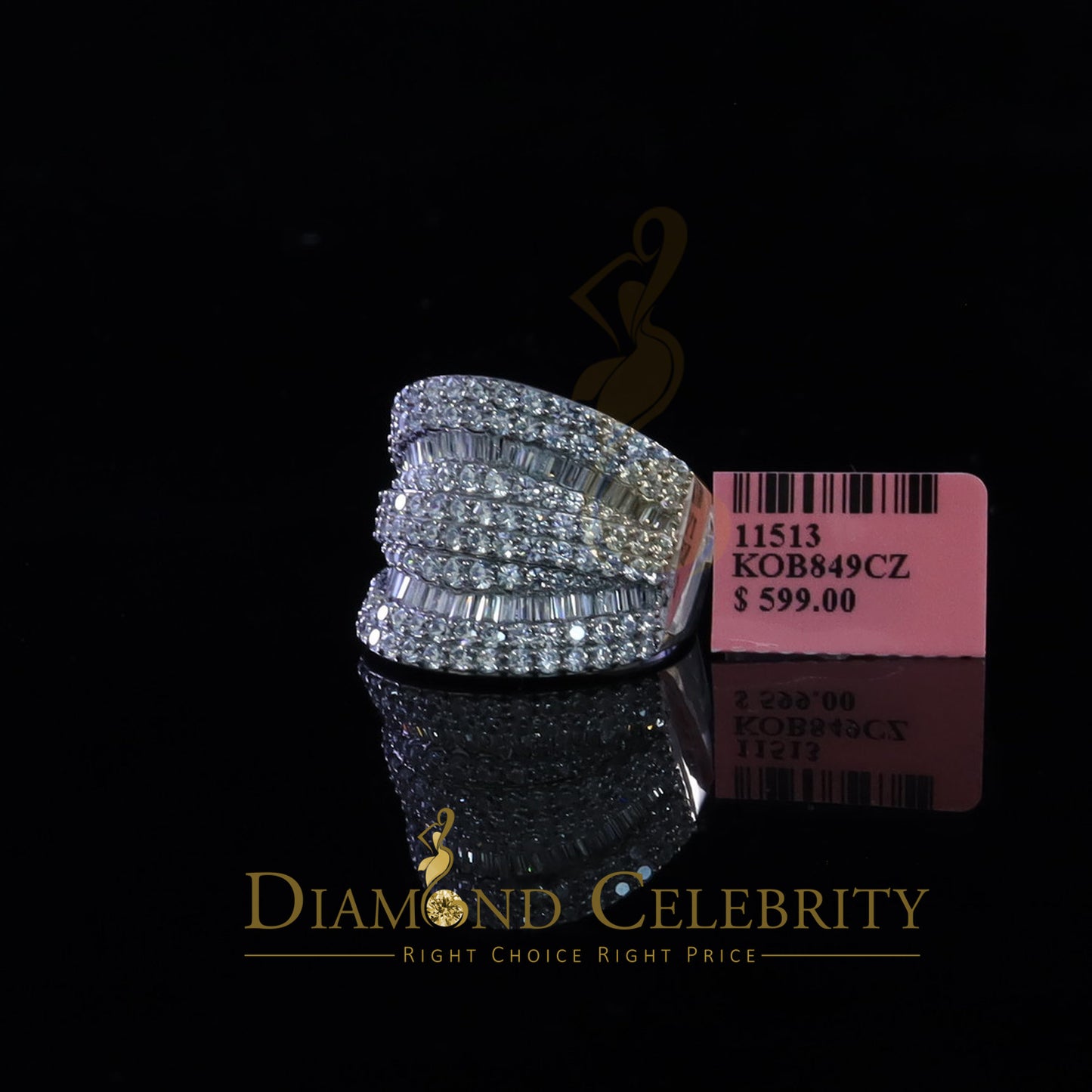 DiamondCelebritees 7.75ct Round/Baguette Cubic Zirconia Cocktail White Sterling Silver Ring Size 8
