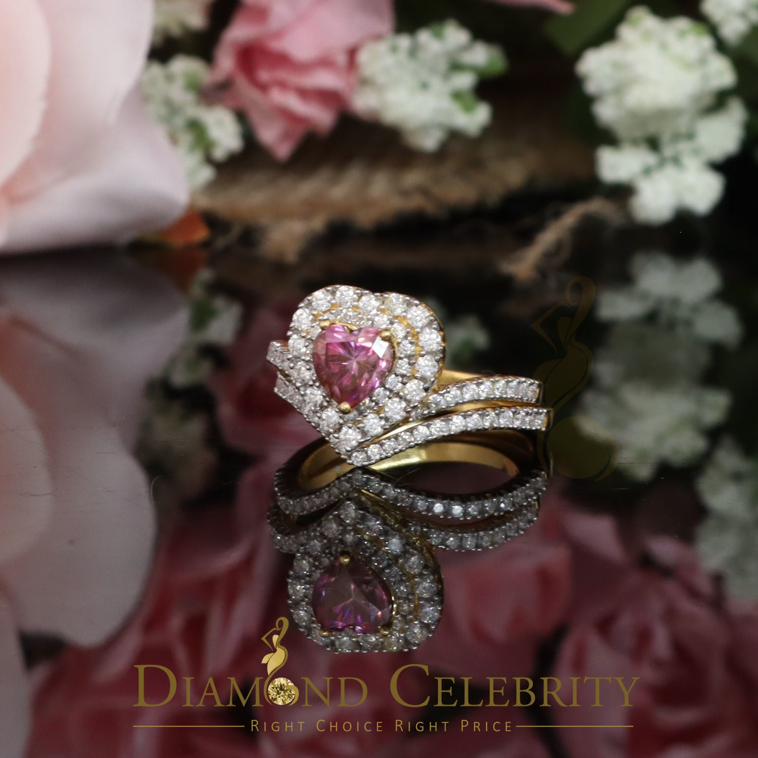 DiamondCelebritees Women's 925 Silver Yellow VVS 'D'1.66CT Pink Moissanite Heart Bridal Ring SZ 7