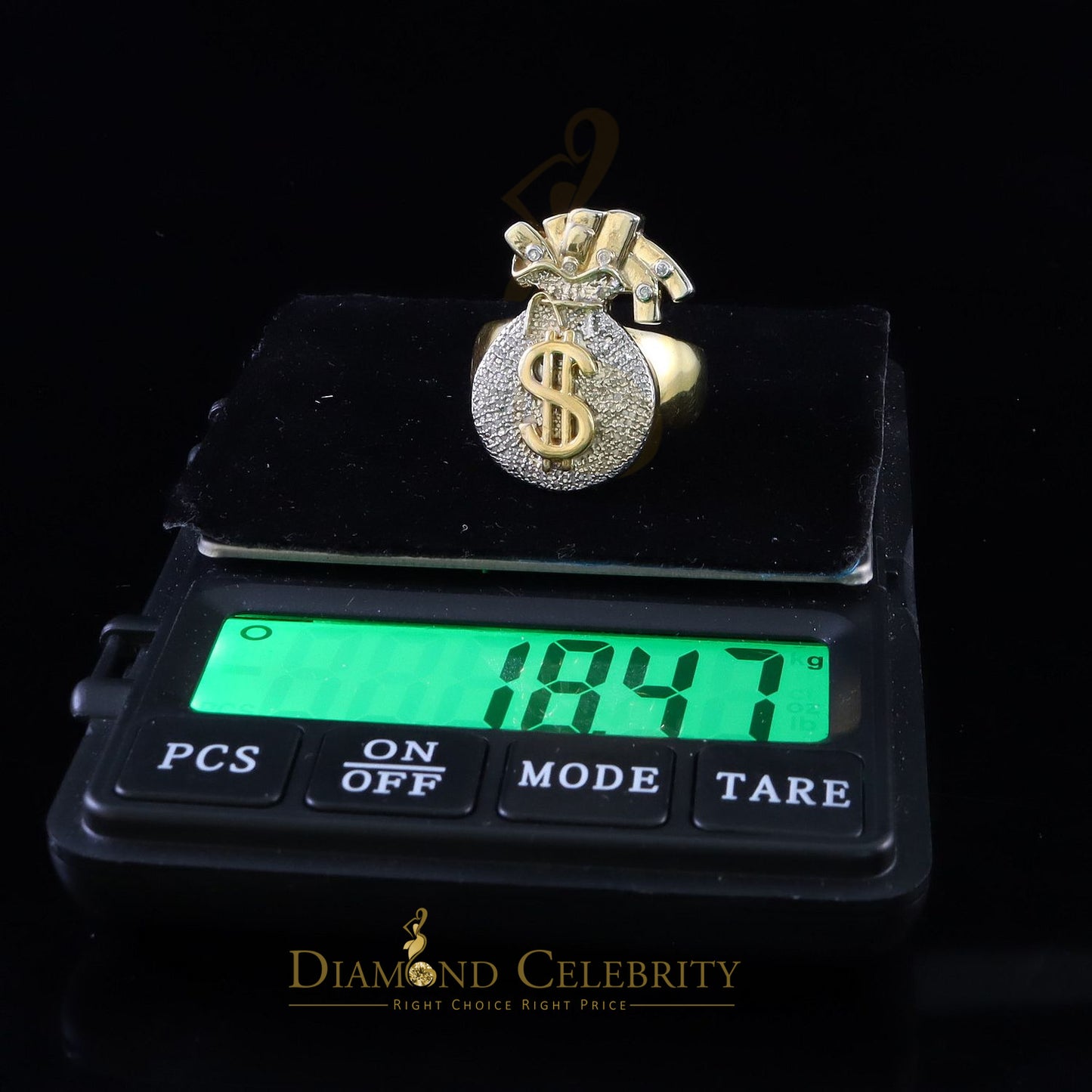 0.25 CT Real Diamond Money Bag 925 Sterling Silver Yellow Men's Ring Size 11.5