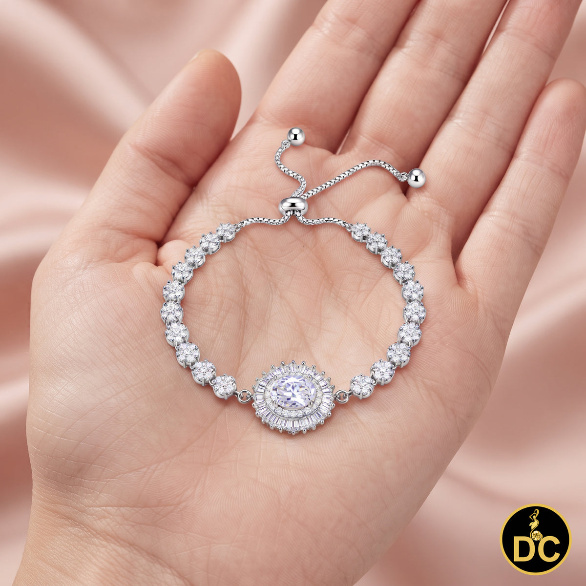 Diamondcelebritees 925 Silver Sun Shape White Bracelet Cubic Zirconia Adjustable Size 7 Inches