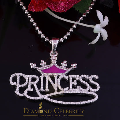 Diamondcelebritees  3ct Real Moissanite 925 Silver "PRINCESS" with Pink Enamel crown White Pendant