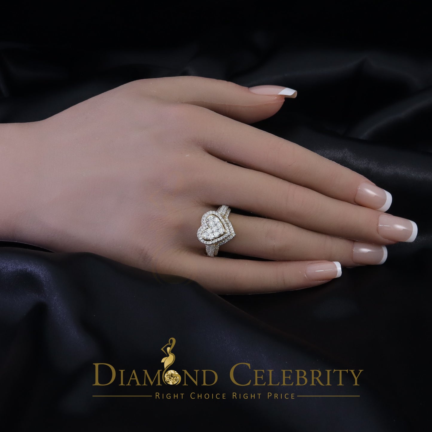 DiamondCelebritees 925 Silver Yellow 2.50CT Women's VVS 'D' Moissanite 3D Double Heart Ring Size7