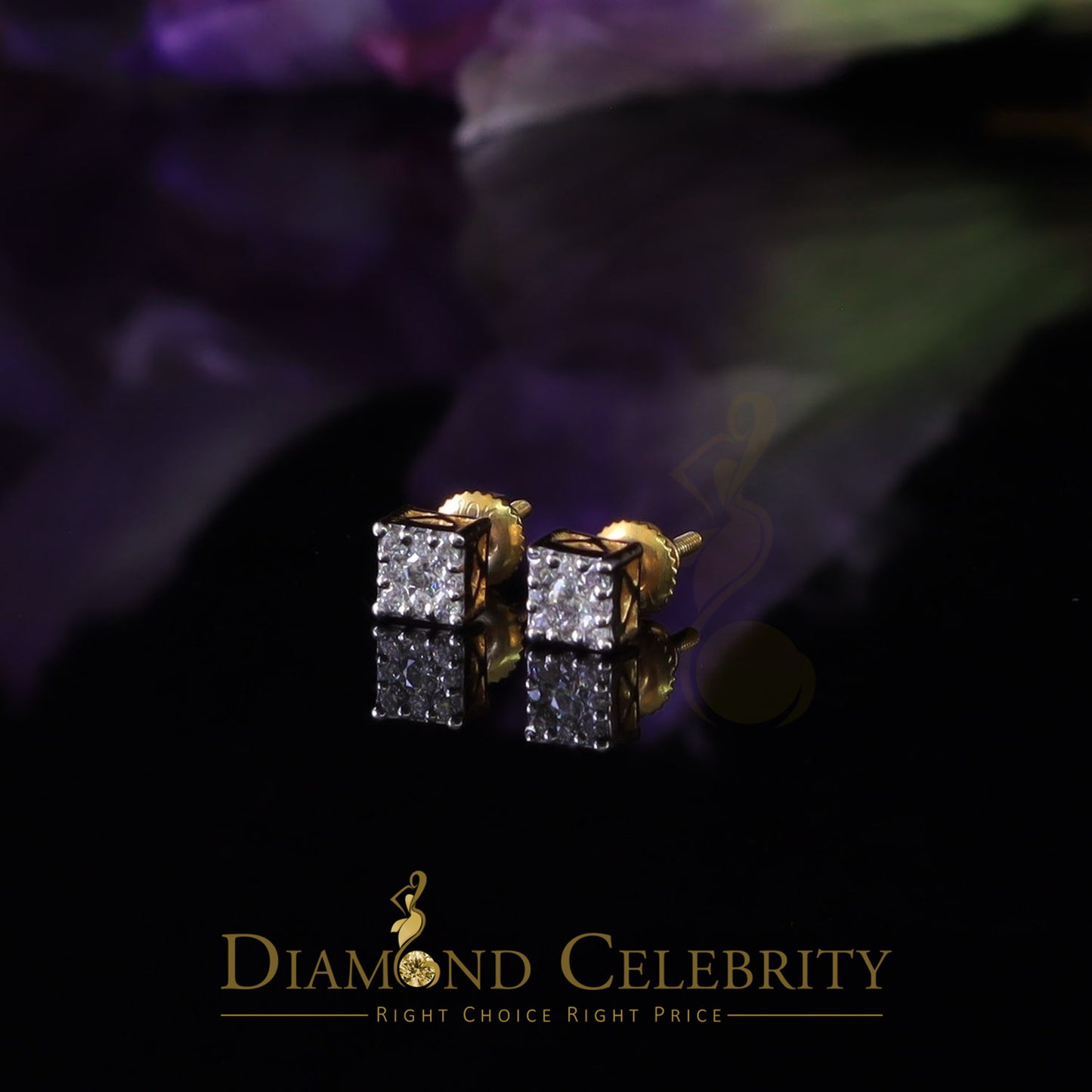 DiamondCelebritees 10k Real Yellow Gold 0.25ct VVS 'D' Color Real Moissanite Stud Square Earrings