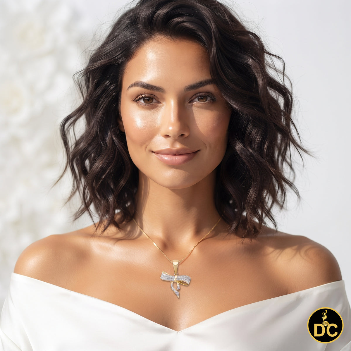 DiamondCelebritees  925 Sterling Silver Real 0.05CT Diamond Ribbon Bow Yellow 18mm Necklace Pendant