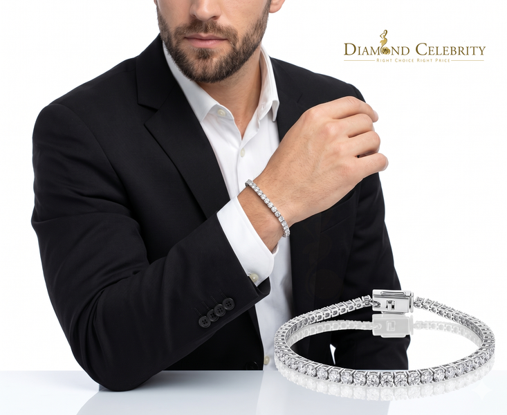 Diamondcelebritees  Men's 12ct Moissanite Round 925 Silver White Tennis Bracelet 3mm Thick 8" Long