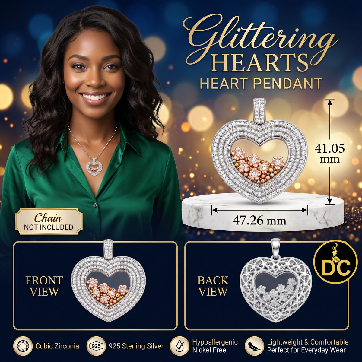 DiamondCelebritees 925 White Silver Heart Floating Flower /Bead in a Glass Cubic Zirconia Pendant
