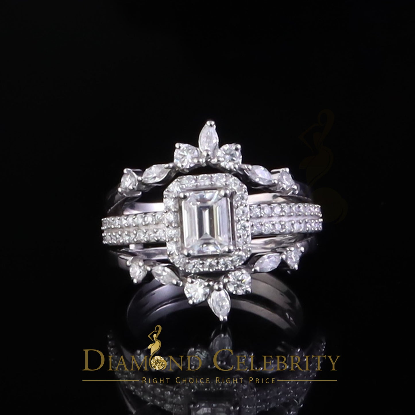 DiamondCelebritees 925 Silver Moissanite White 2.0ct Emerald Cut Round Guard Wrap womens Rings SZ 7