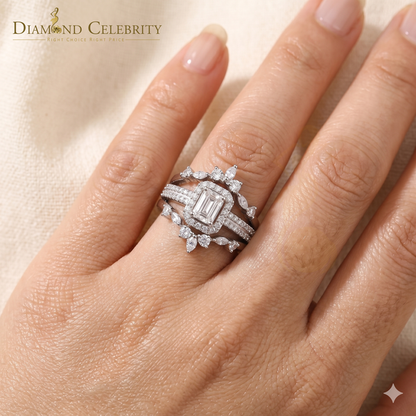 DiamondCelebritees 925 Silver Moissanite White 2.0ct Emerald Cut Round Guard Wrap womens Rings SZ 7