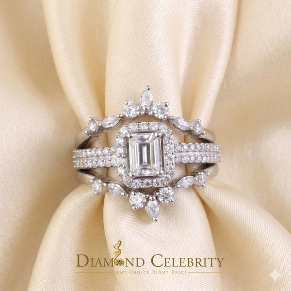 DiamondCelebritees 925 Silver Moissanite White 2.0ct Emerald Cut Round Guard Wrap womens Rings SZ 7