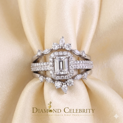 DiamondCelebritees 925 Silver Moissanite White 2.0ct Emerald Cut Round Guard Wrap womens Rings SZ 7