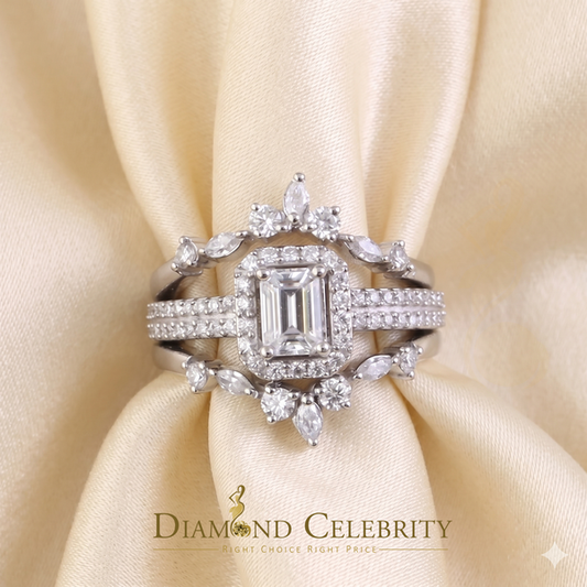 DiamondCelebritees 925 Silver Moissanite White 2.0ct Emerald Cut Round Guard Wrap womens Rings SZ 7