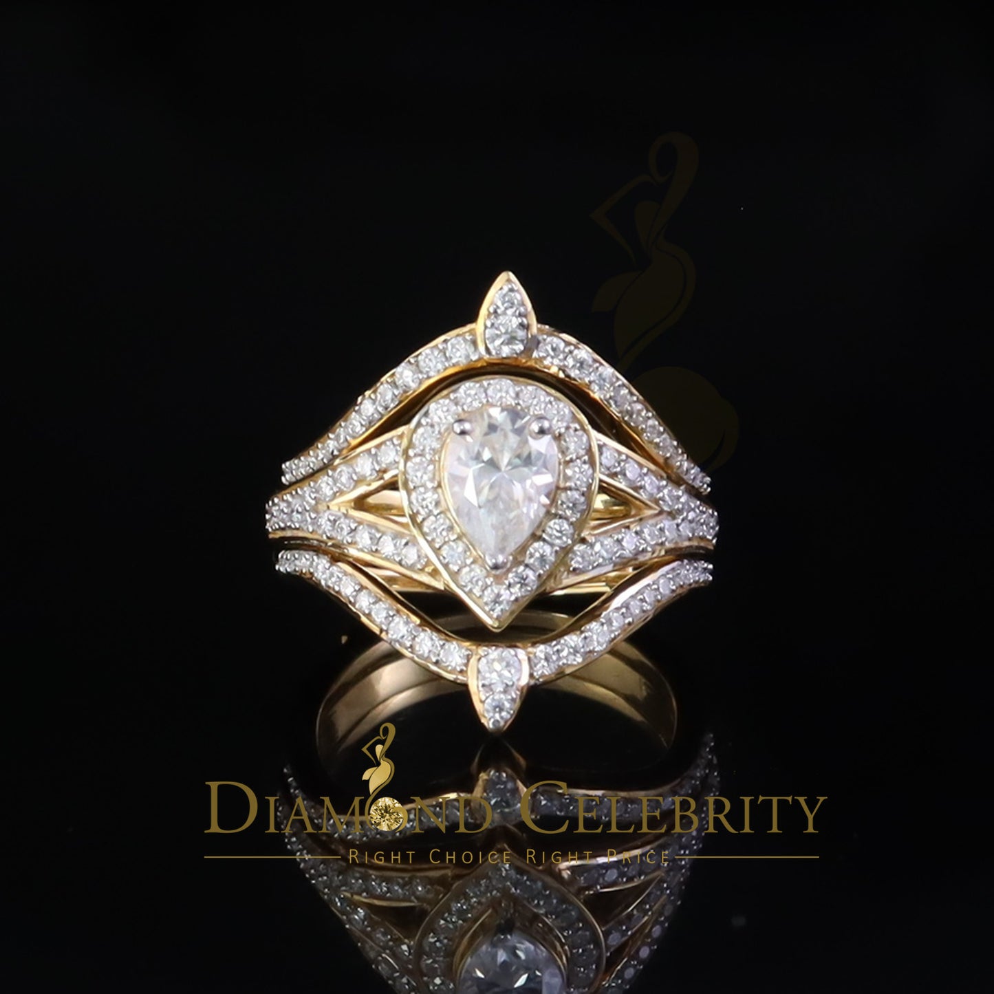 DiamondCelebritees 1.75ct Silver Yellow Enhancer Guard Wrap VVS D Pear Moissanite Women Ring Sz 7