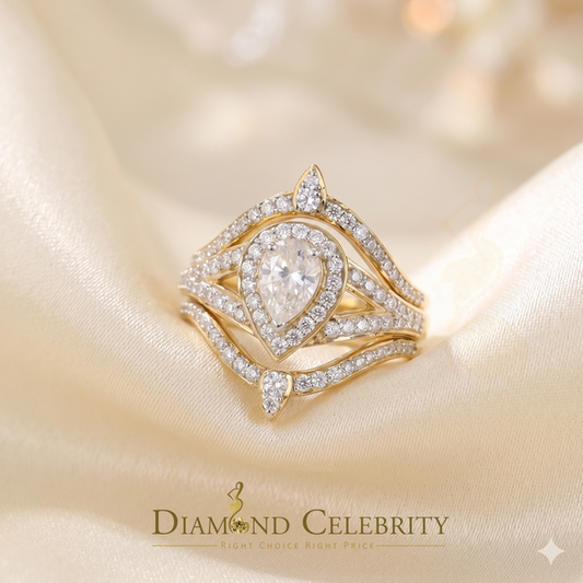 DiamondCelebritees 1.75ct Silver Yellow Enhancer Guard Wrap VVS D Pear Moissanite Women Ring Sz 7