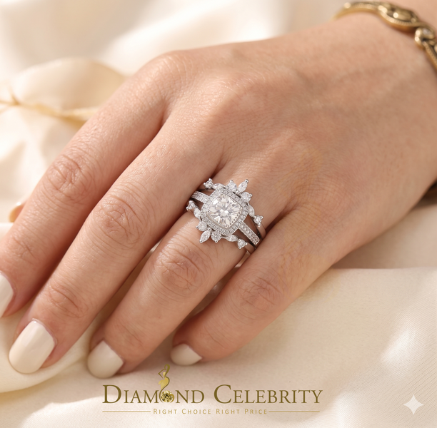 DiamondCelebritees Enhancer Guard Wrap Insert Cushion Moissanite 1.75ct VVS D White Silver Ring SZ7