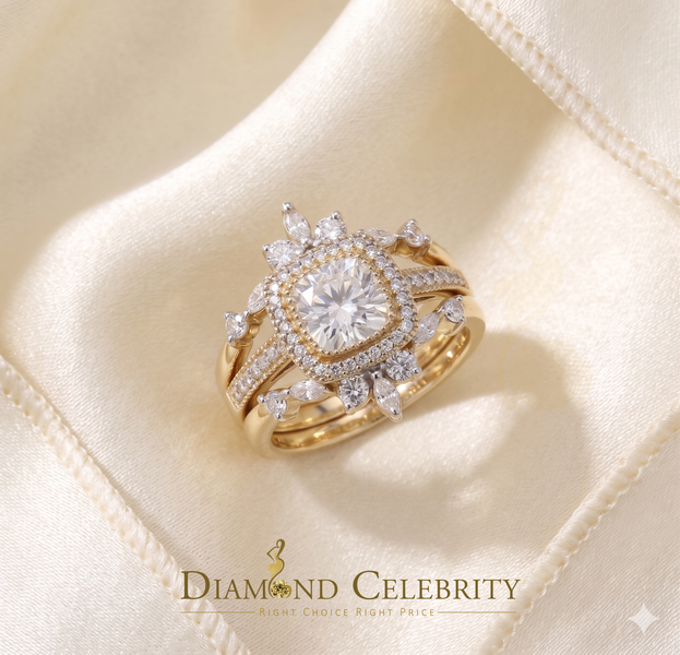 DiamondCelebritees Enhancer Guard Wrap Insert Cushion Moissanite 1.75ct VVS D Yellow Silver RingSZ7