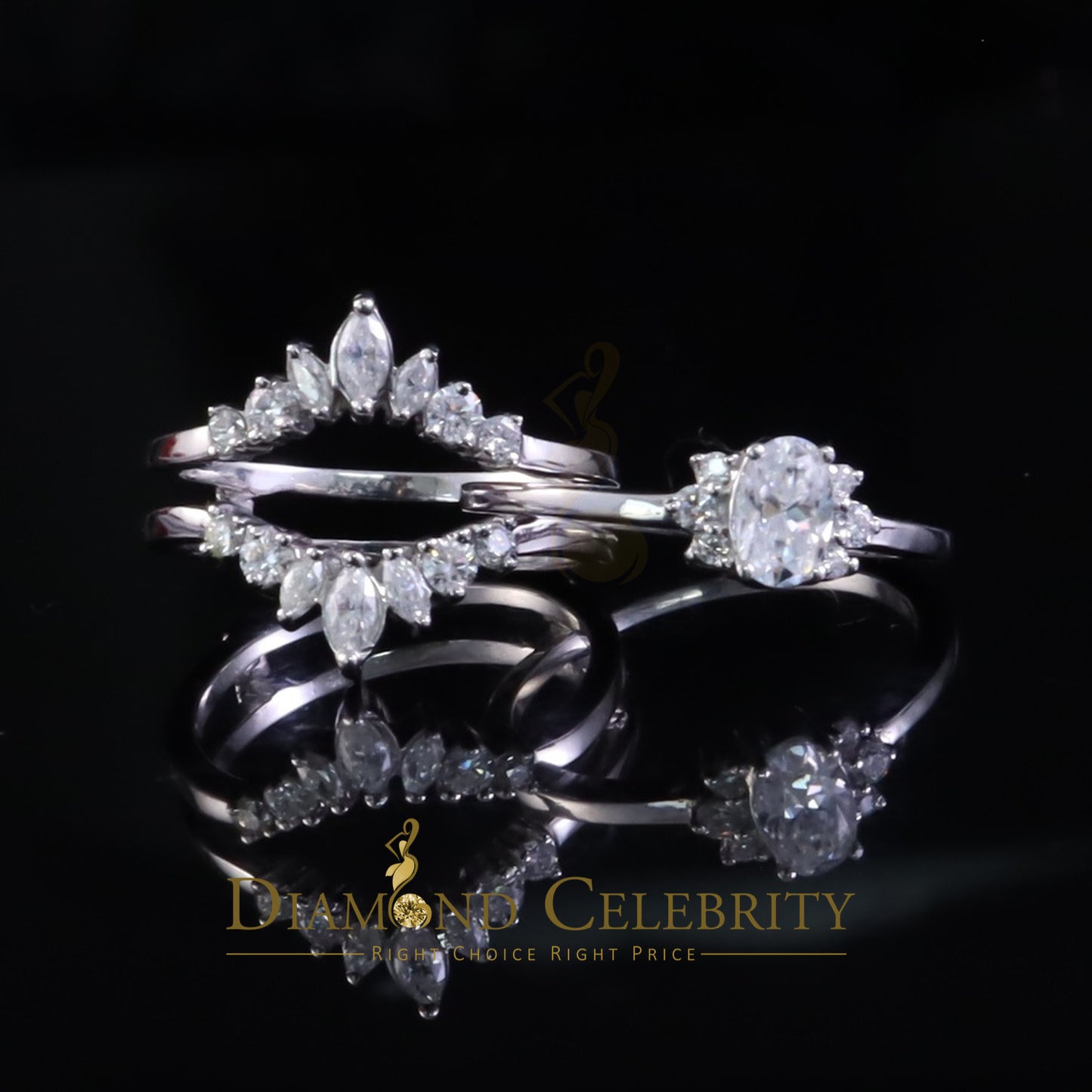 DiamondCelebritees 925 Silver White 1.25ct VVS D Oval Solitaire Moissanite Bridal Guard Rings SZ 7