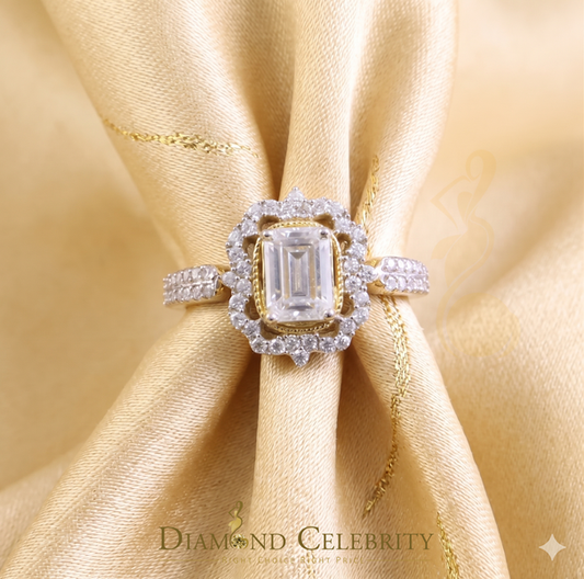 DiamondCelebritees Emerlard Cut 925 Yellow Silver 2.00ct VVS D Moissanite Enagement Lady Ring SZ 7