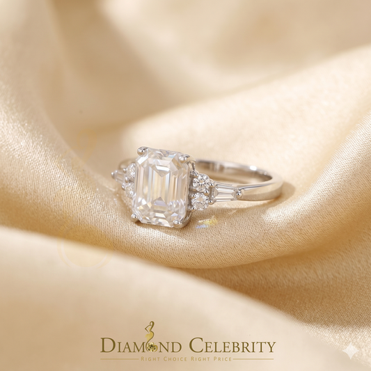 DiamondCelebritees Womens 925 Silver White VVS D 3.00CT Moissanite Emerald-cut Engagement Ring SZ 7