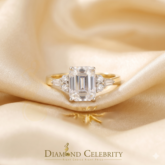 DiamondCelebritees 3.00CT Women 925 Silver Yellow VVS D Moissanite Emerald-cut Engagement Ring SZ 7