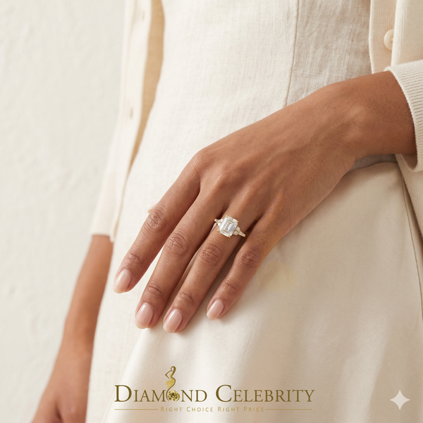 DiamondCelebritees 3.00CT Women 925 Silver Yellow VVS D Moissanite Emerald-cut Engagement Ring SZ 7