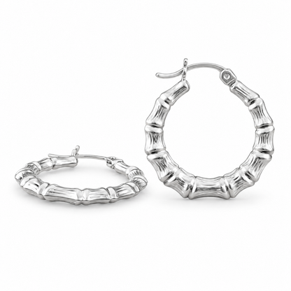 925 Silver Shiny Bamboo Textured Ridged Section Classic Round 22mm Hoop Earring