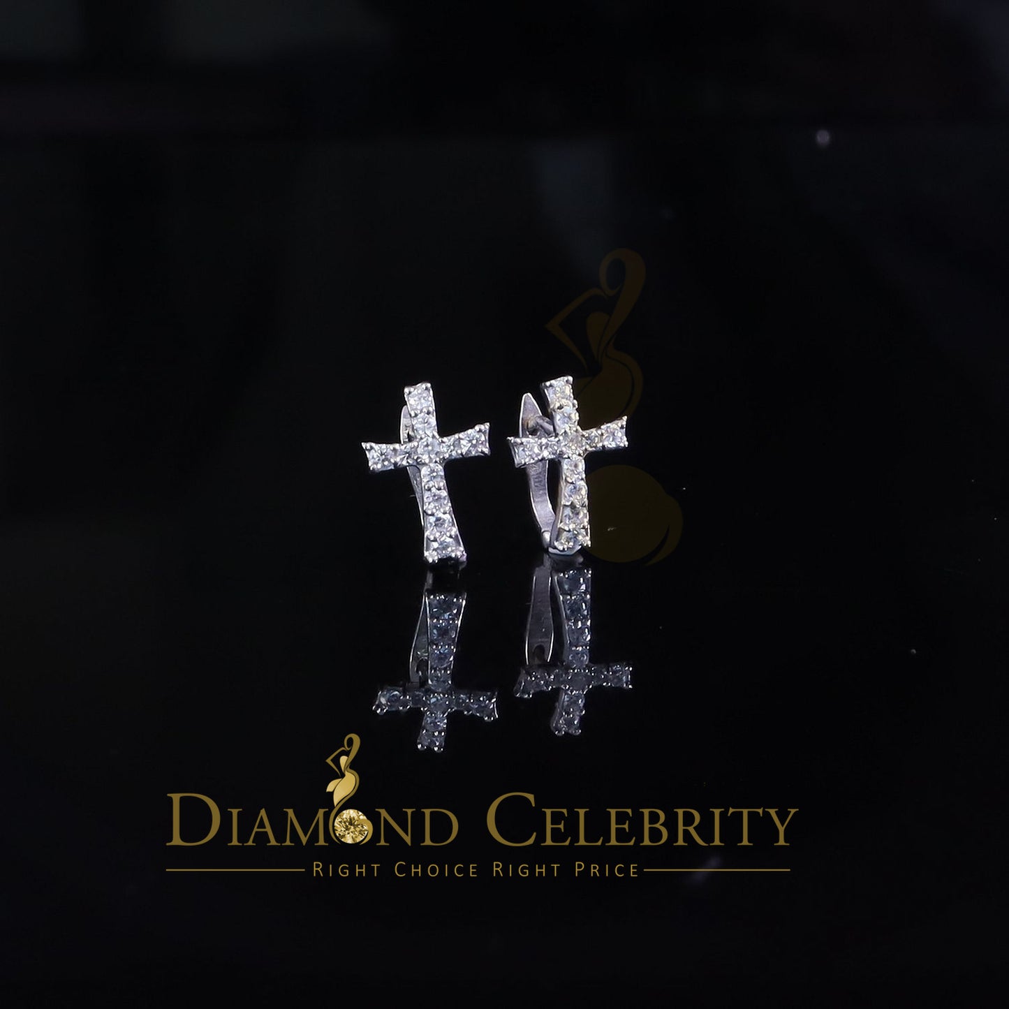 DiamondCelebritees Moissanite Stone 925 Silver Round Yellow Hip Hop Cross Stud Earring Men's/Womens